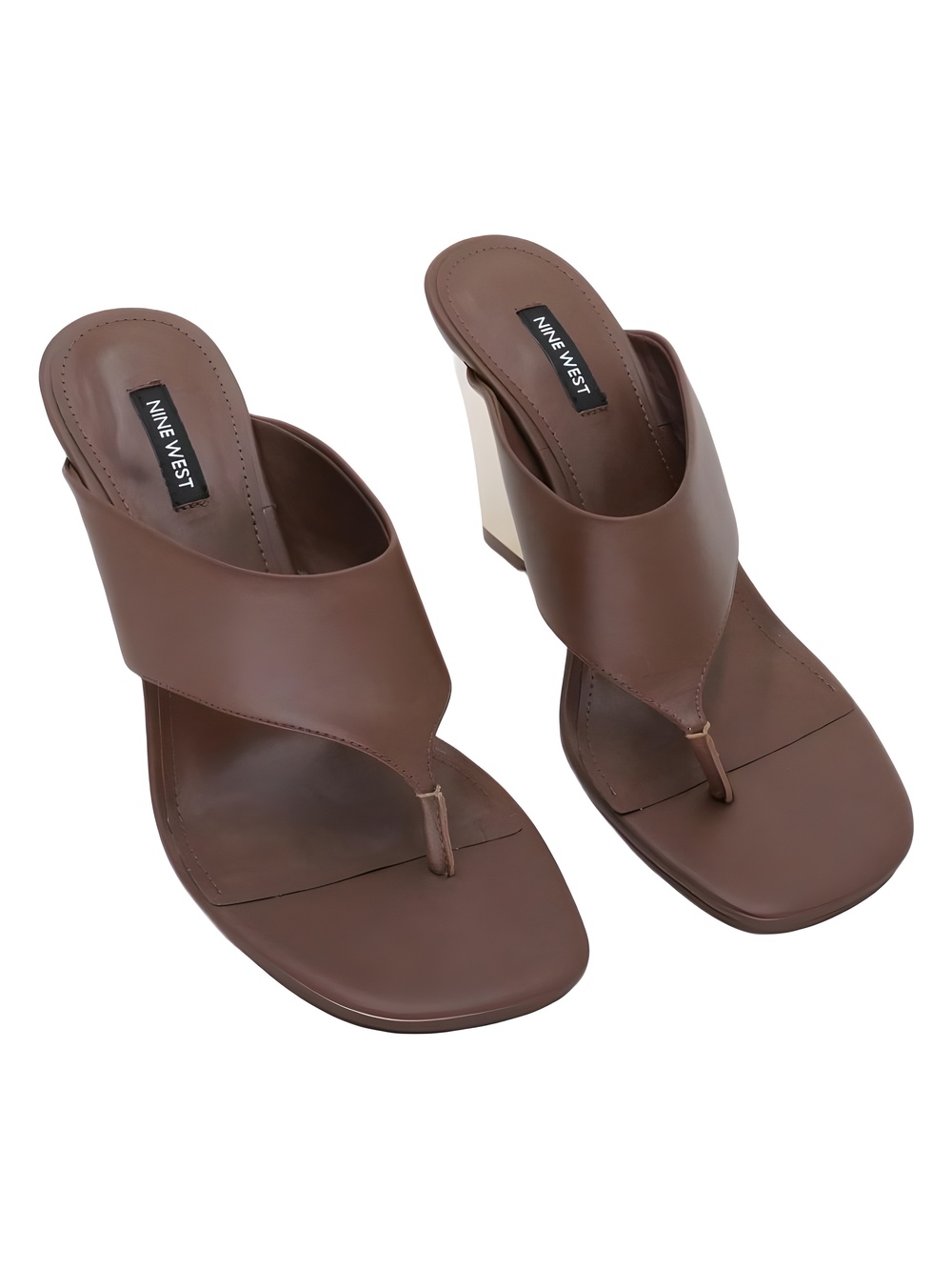 Nine West Presa Square Toe Thong Wedge Sandals Brown Gold Size 10M